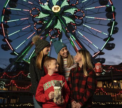 Family posing in front of Ferris Wheel lit up for Christmas